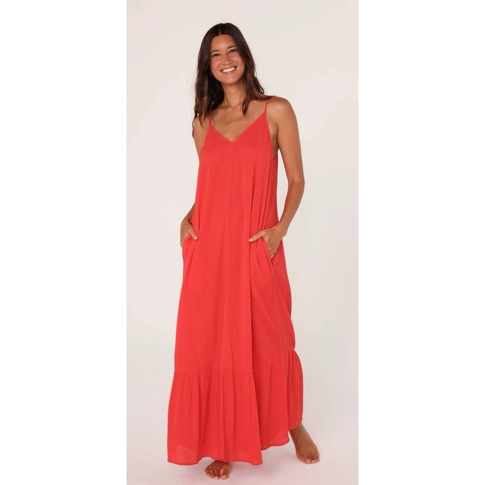 Love Stitch Maxi Dress Spaghetti Strap Flowy Gauze Pink Boho Beach Oversize S/M